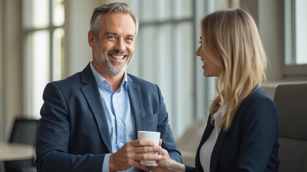 Twee collega's in informeel gesprek met koffie in kantoor setting