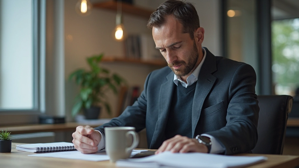 Professional voorbereid op vergadering met notities en presentatiemateriaal op Nederlands kantoor