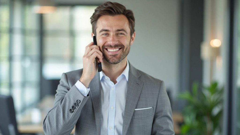 Man in grijs pak voert zakelijk telefoongesprek in modern kantoor, professioneel Nederlands sprekend
