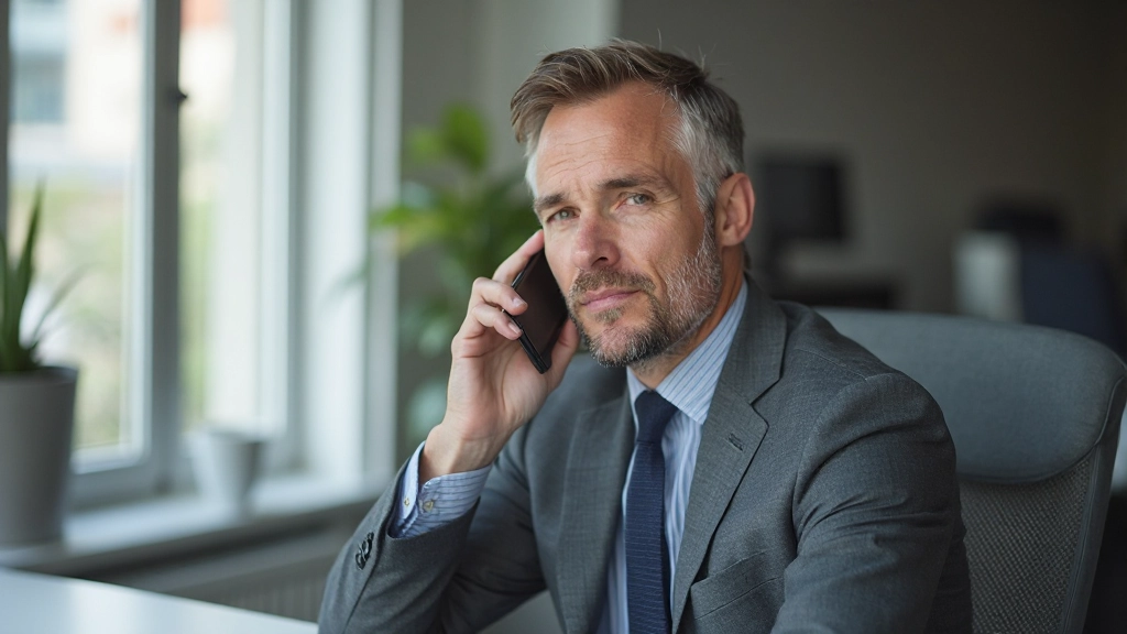 Man in grijs pak voert zakelijk gesprek aan telefoon in modern kantoor