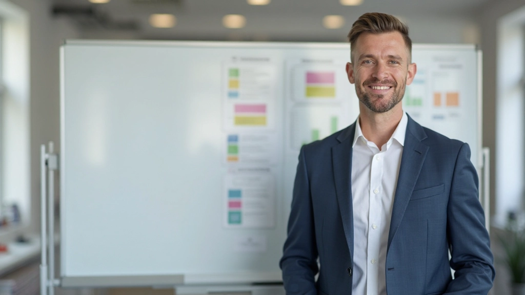Professionele man in kantoor, staand voor whiteboard met zakendiagrammen en Nederlandse termen