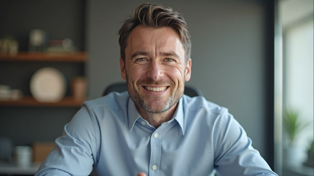 Man in pak kijkt zelfverzekerd tijdens online videovergadering