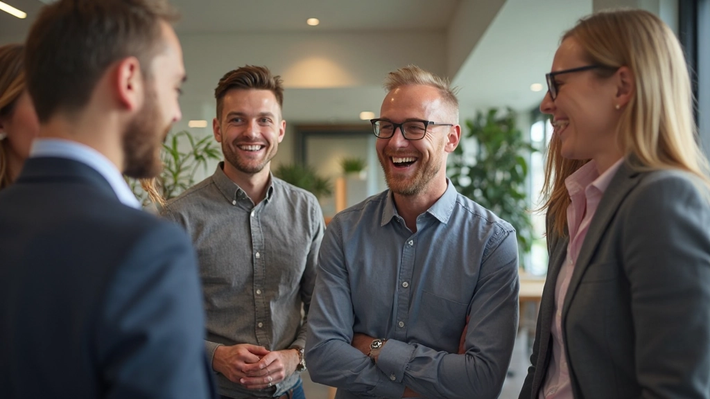 Nederlandse team viering en gelach in kantoor, toont informele werkpleksfeer en humor