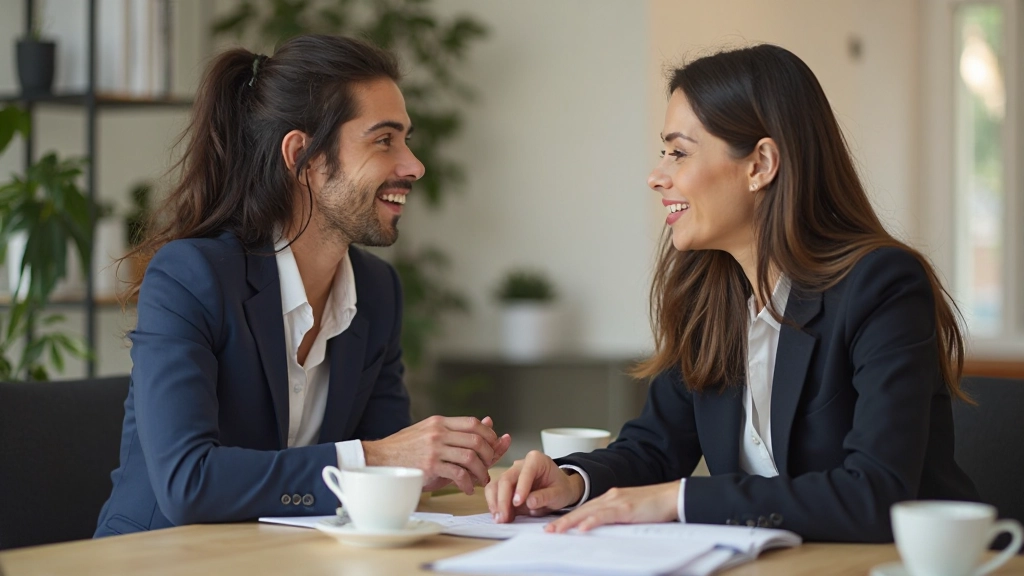 Twee professionele collega's in kantoor, zittend aan bureau met documenten en koffiekopjes, engaged in gesprek