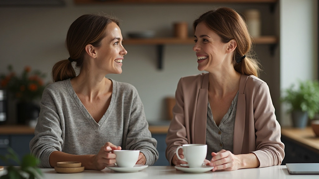 Twee professionele vrouwen in kantoor koffiepauze, lachend en pratend met kopjes koffie