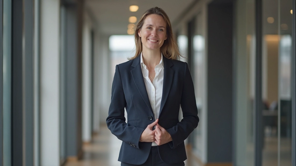 Professionele vrouw in kantoor corridor die vriendelijk naar iemand knikt