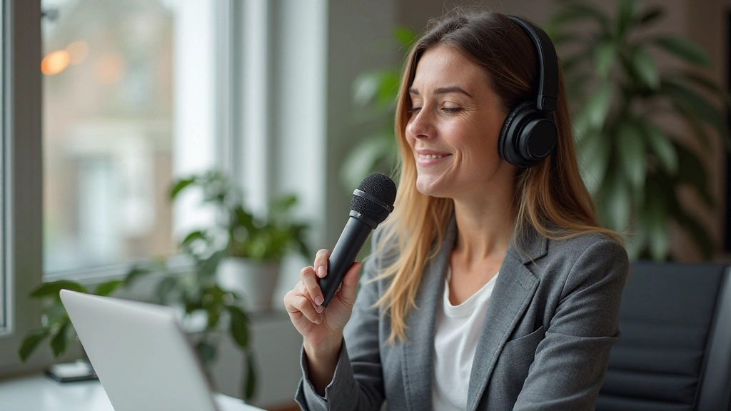 Vrouw die oefent met smartphone om haar uitspraak op te nemen en terug te luisteren