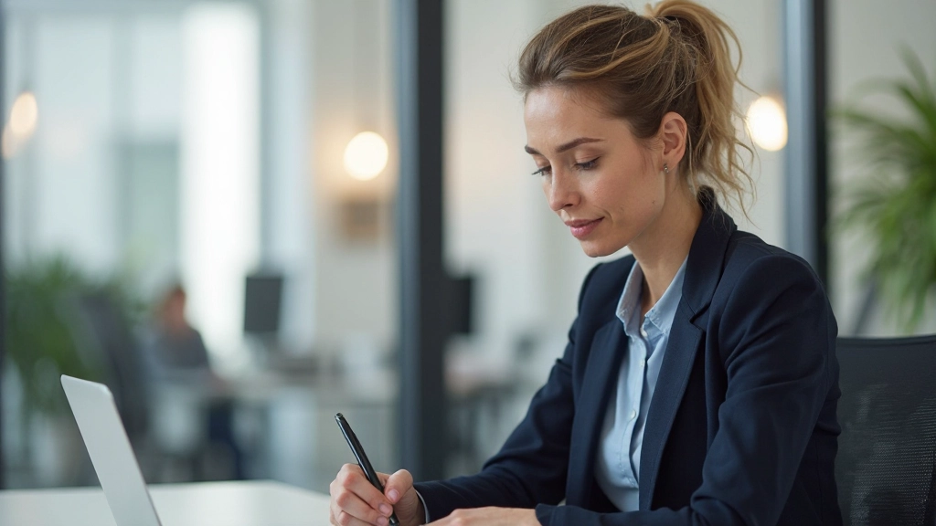 Professionele vrouw aan telefoon in kantoor, notities makend, serieus werkend
