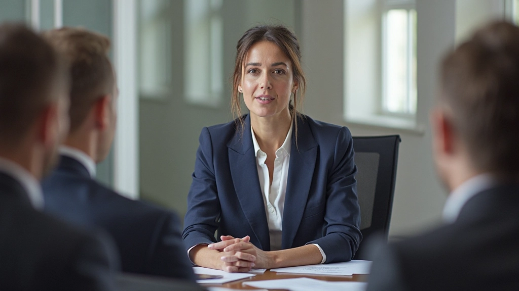 Vrouw in zakelijk outfit spreekt zelfverzekerd in vergaderruimte met collega's