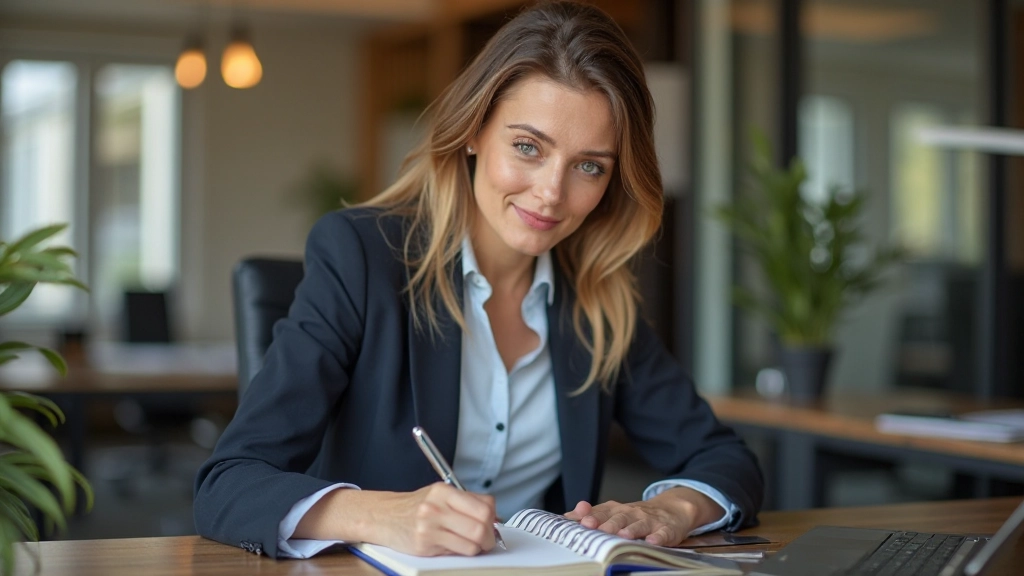 Vrouw op kantoor die notities maakt in notitieboekje